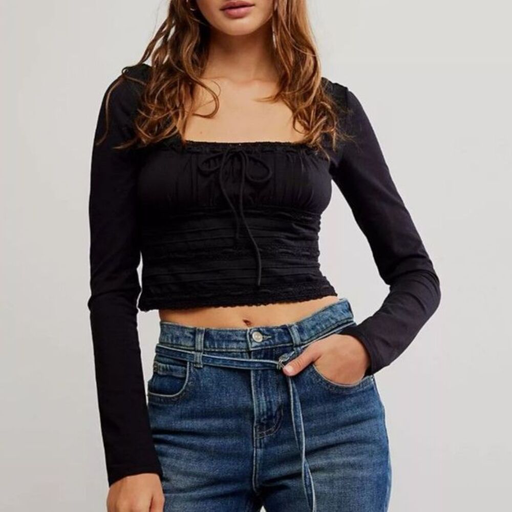 Free People Black Lace Trim Long Sleeve Crop Top Tie Front Boho Size Small